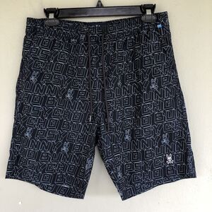 Psycho Bunny Swim Trunks Mens Small Black Damon All Over Print Beach Pool Shorts